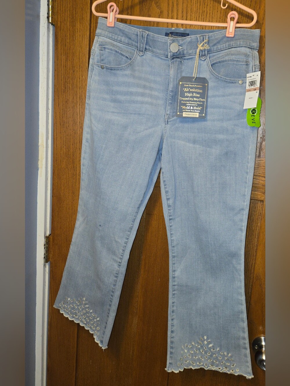 Democracy Light Blue High-Rise Flare Jeans with Scalloped Eyelet Hem 12P